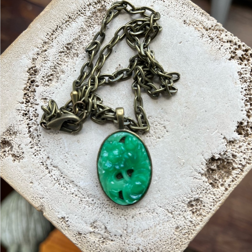 Vintage 70s Jade Green Resin Hong Kong Cameo Necklace Brass Setting